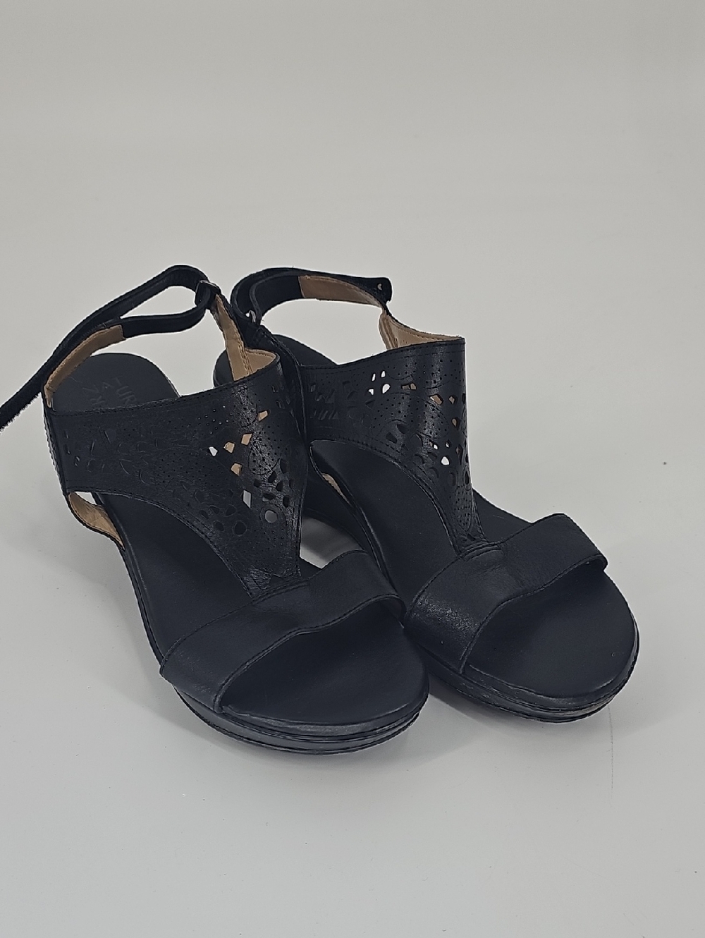Naturalizer Black Leather Laser-Cut Wedge Sandals